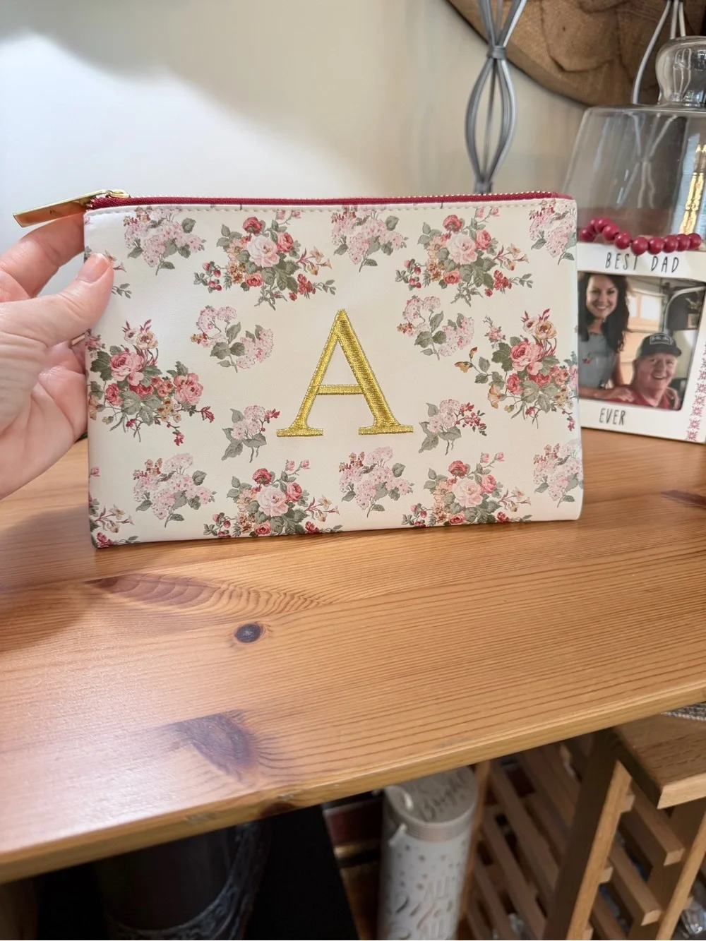 Laura Ashley Cream Floral Cosmetic Pouch with Gold 'A' Monogram